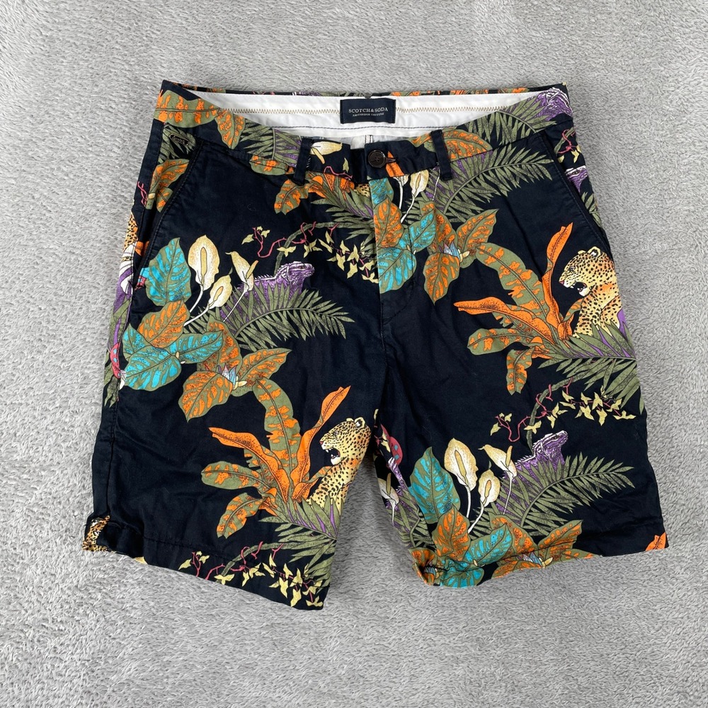 Scotch & Soda Chino Shorts Mens W30 Black Tropical Leopard Jungle Print Stretch